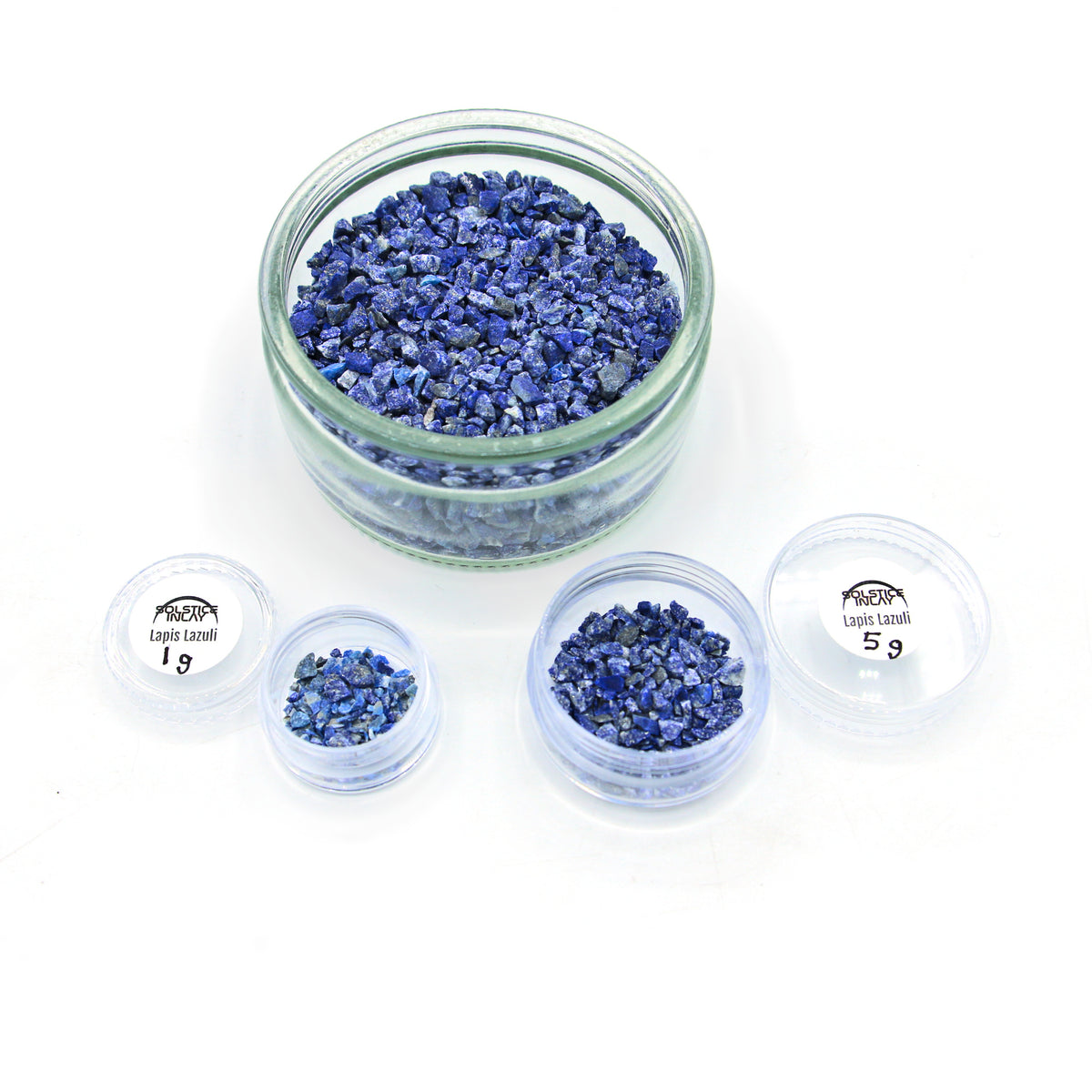 Lapis lazuli fragments in 1 g and 5 g jars