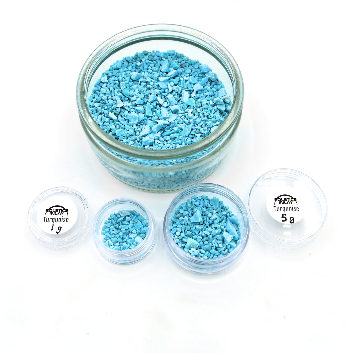 Turquoise fragments in 1 g and 5 g jars