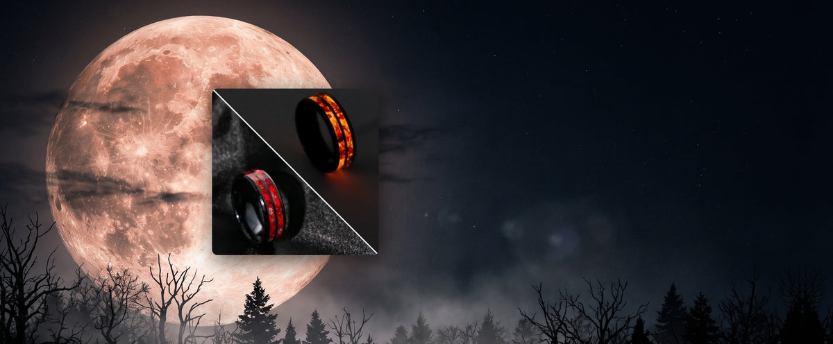 The Werewolf Ring Kit ring in daylight and glowing in the dark, in front of a full moon